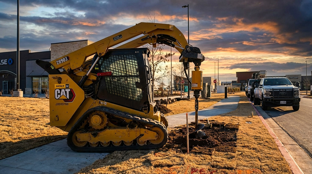 CAT skid steer with auger attachment drilling holes